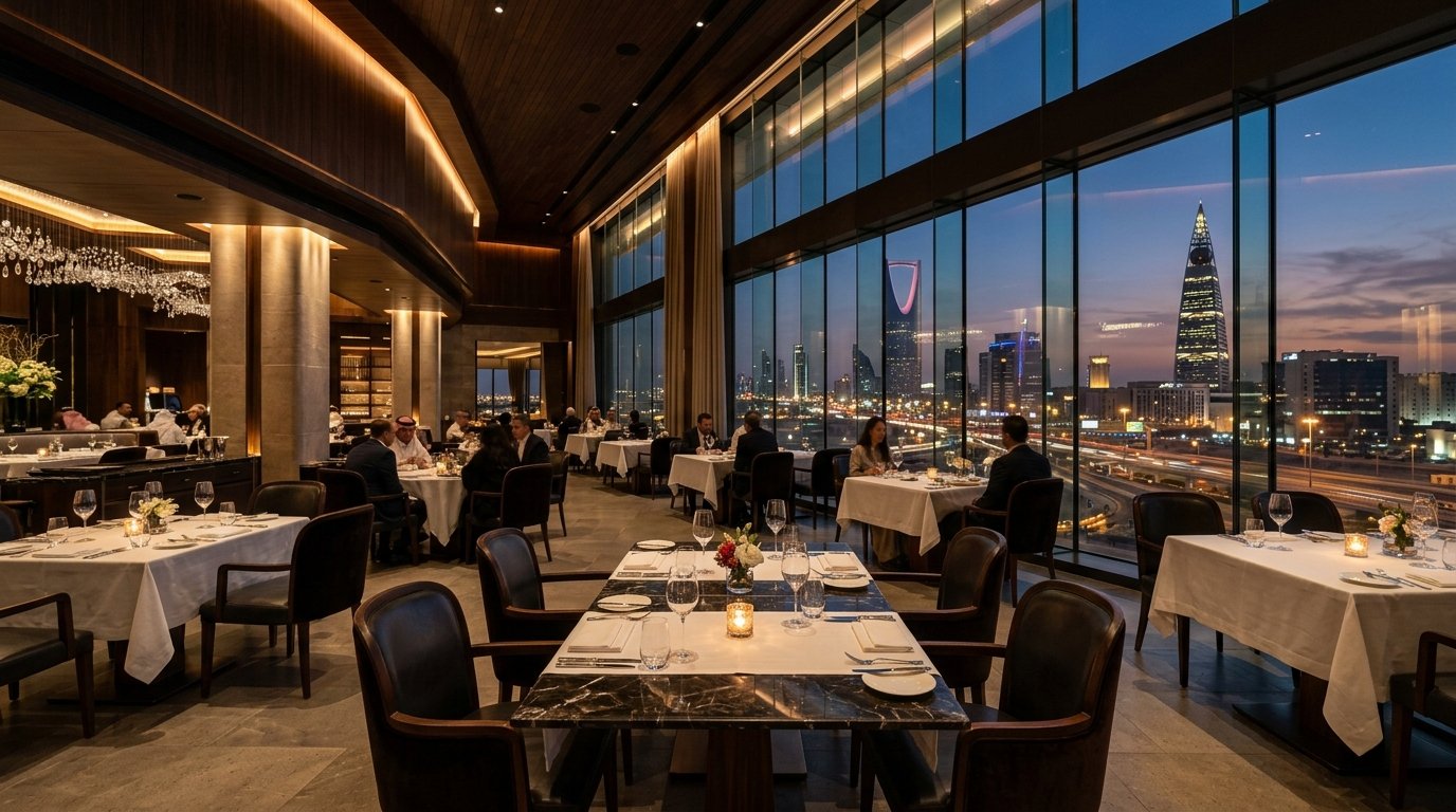 Luxury fine dining restaurant overlooking Riyadh skyline
